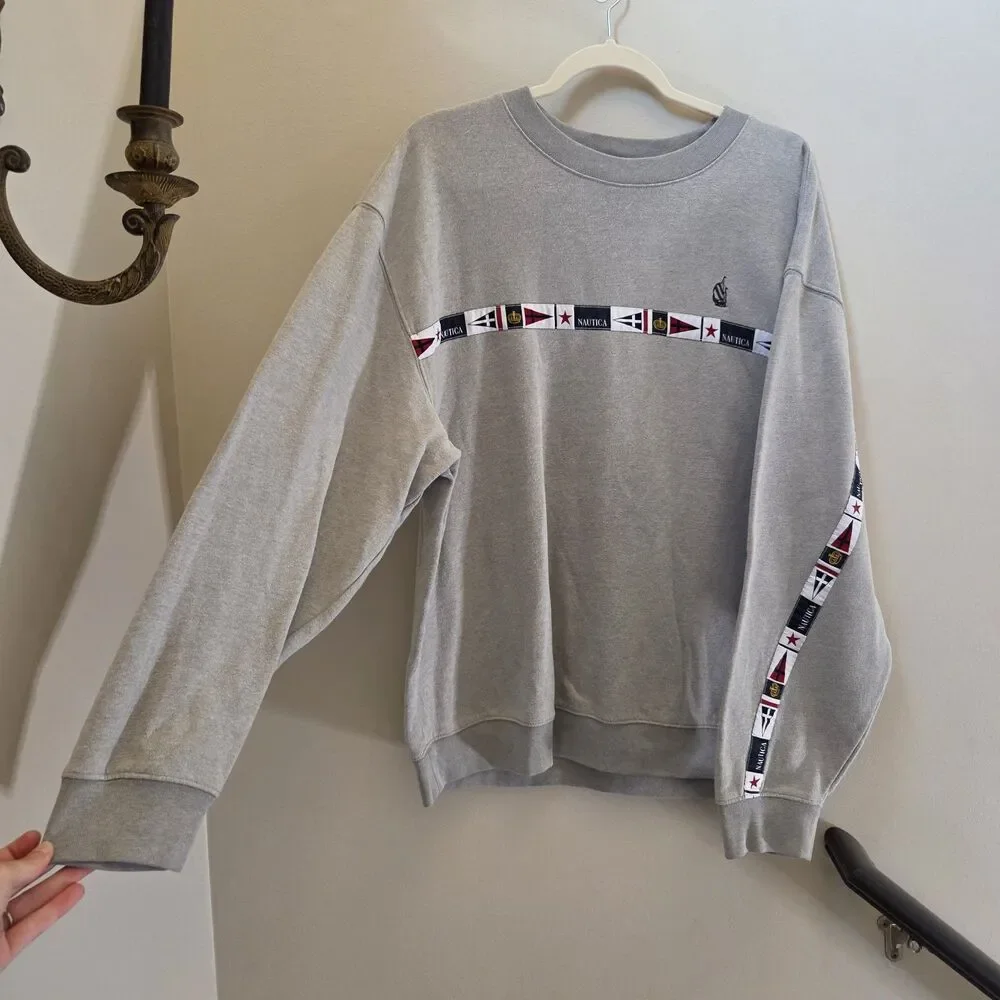 Nautica Mens Grey Sailing Flag Tape Crewneck Sweatshirt Sz XL Retro Preppy